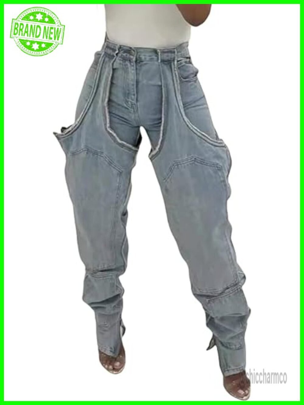 Women's Baggy Denim Jeans Patchwork High Waist Wide Leg Stretch Ripped Y2K